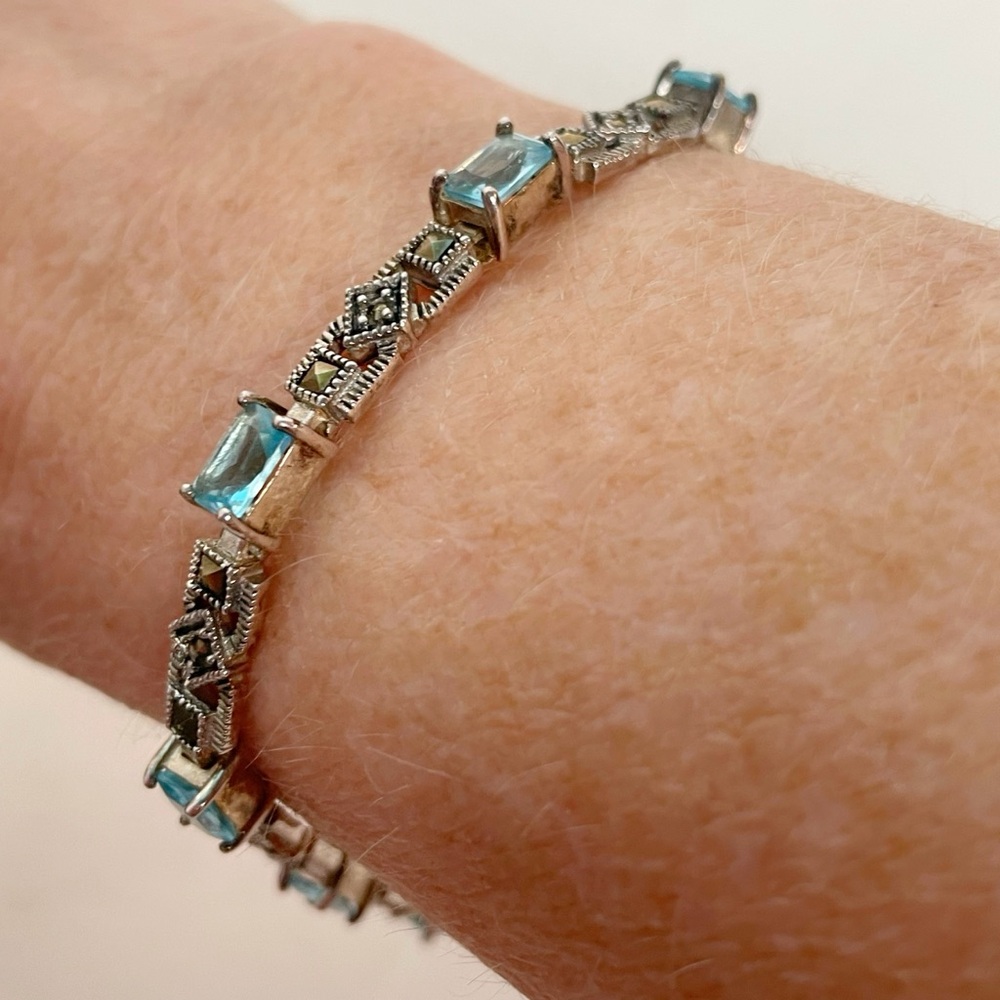 Sterling Silver Simulated Blue Topaz & Marcasite Tennis Bracelet 7” Stamped